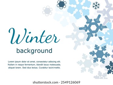 winter background template. minimalistic card with blue silhouettes of different snowflakes on white background. horizontal vector illustration for backdrop, greeting, invitation, poster, banner