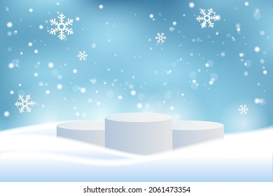 Winter background template with snow and podium