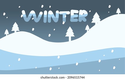 winter background template with snowfall and snowflakes in mountain landscape in flat design style