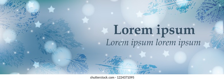 Winter background with text. Abstract background in blue and white colors with frozen leaves, lights and stars for banner, poster, mail. Suitable for Christmas, New Year congratulation, sale. EPS 10