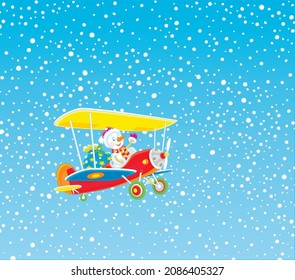 Winter background with a toy snowman piloting a colorful plane with a bag of holiday gifts through snowfall, vector cartoon illustration