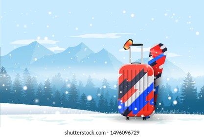 Winterhintergrund mit Reisegepäck-End-Snowboard auf Schneebergen. Wintersport und Reisen Konzept.