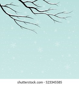 Winter Background With Tree Branch And Falling Snow. Flat Vector Illustration.