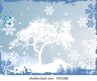 Winter background with a tree and snowflakes, vector illustration series.