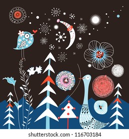 winter background with trees and birds