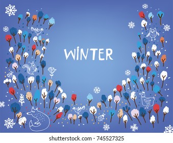 Fondo invernal con árboles, pájaros y nieve para las tarjetas de felicitación o pancarta. Ilustración gráfica vectorial.