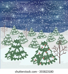 Winter background with trees and fir-trees at starry night.