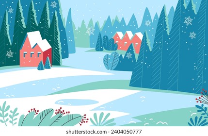 
Winter background with trees and houses. Landscape with snow drifts, mountain village, forest, pines. Snowfall. Design for invitation, cards, social post, ad, cover, sale banner, invitation. Vector