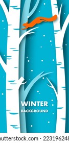Winter background with trees, snowfall and squirrel vector illustration in paper cut craft art origami style. White blue snowy nature landscape. Christmas and new year holiday concept