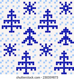 Winter background with trees and snowflakes of the mosaic.