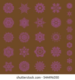 Winter background with twenty nine vector snowflakes on a brown background.