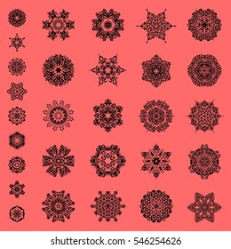 Winter background with twenty nine vector snowflakes on a pink background.
