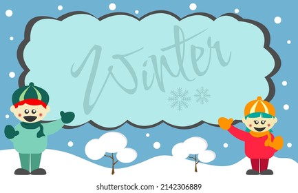 Fondo invernal con dos niños y área de copia. Adecuado para los productos infantiles