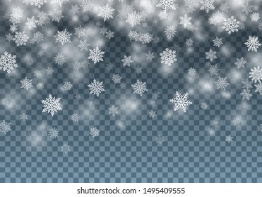 Winter background with various snowflakes on transparent backdrop. Concept of Merry Christmas and Happy New Year holidays. Template for invitations, congratulations, advertisements vector illustration