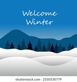 Winter background vector art. Winter landscape with snow. Snowy background. Snowfall. Blizzard. Winter Season. Winter mountains snowy landscape with pines forest and hills on the background.