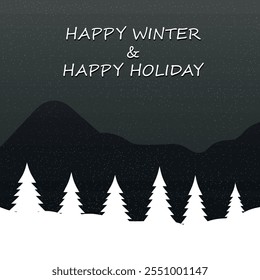 Winter background vector art. Winter landscape with snow. Snowy background. Snowfall. Blizzard. Winter Season. Winter mountains snowy landscape with pines forest and hills on the background.