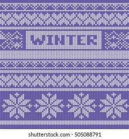 Winter background vector. Blue knitted pattern with white snowflakes.