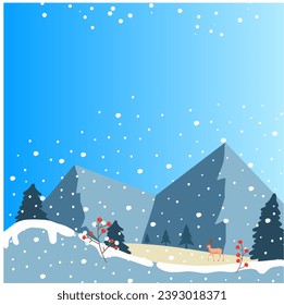 Winter Background Vector. Cartoon Flat winter landscape. Snowy background. Snow. Snowfall. Clear blue sky. Snow storm. Snowy weather. Deer and pine trees. Design elements for posters, greeting cards.