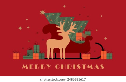 Winter background vector. Christmas and Happy New Year season. Background design for invitation, cards, social post, ad, cover, sale banner and invitation.  Deer, gift boxes and Christmas tree