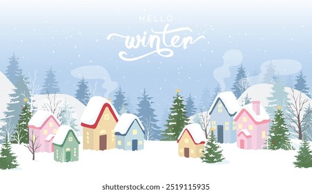 Winter background vector. Christmas and Happy New Year season with house, pine tree and snowfall. Background design for invitation, cards, social post, cover, sale banner, ads.