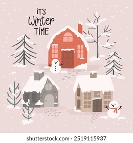 Winter background vector. Christmas and Happy New Year season with house, pine tree, snowman and snowfall. Background design for invitation, cards, social post, cover, sale banner, ads.