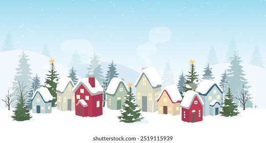 Vetor de fundo de inverno. Natal e Feliz Ano Novo temporada com casa, pinheiro e queda de neve. Projeto de fundo para convite, cartões, postagem social, capa, banner de venda, anúncios.