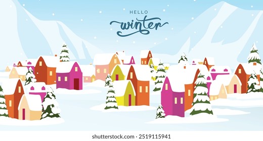 Winter background vector. Christmas and Happy New Year season with house, pine tree and snowfall. Background design for invitation, cards, social post, cover, sale banner, ads.