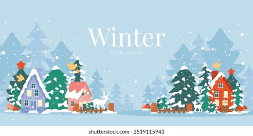 Vetor de fundo de inverno. Natal e Feliz Ano Novo temporada com casa, pinheiro, rena e queda de neve. Projeto de fundo para convite, cartões, postagem social, capa, banner de venda, anúncios.