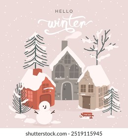 Winter background vector. Christmas and Happy New Year season with house, pine tree, snowman and snowfall. Background design for invitation, cards, social post, cover, sale banner, ads.