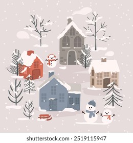 Vetor de fundo de inverno. Natal e Feliz Ano Novo temporada com casa, pinheiro, boneco de neve e queda de neve. Projeto de fundo para convite, cartões, postagem social, capa, banner de venda, anúncios.