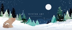 Winter Background Vector. Hand Painted Watercolor And Gold Brush Texture, Mountain With Snow, Pine Forest And Moon Hand Drawing. Design For Wallpaper, Wall Arts, Cover, Wedding And  Invite Card.  