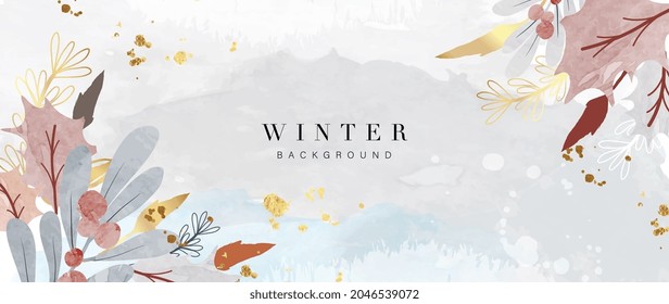 Winter background vector. Hand painted watercolor and gold brush texture, Flower and botanical leaves hand drawing. Abstract art design for wallpaper, wall arts, cover, wedding and  invite card. 