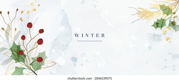 Winter background vector. Hand painted watercolor and gold brush texture, Flower and botanical leaves hand drawing. Abstract art design for wallpaper, wall arts, cover, wedding and  invite card. 