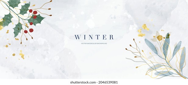 Winter background vector. Hand painted watercolor and gold brush texture, Flower and botanical leaves hand drawing. Abstract art design for wallpaper, wall arts, cover, wedding and  invite card. 