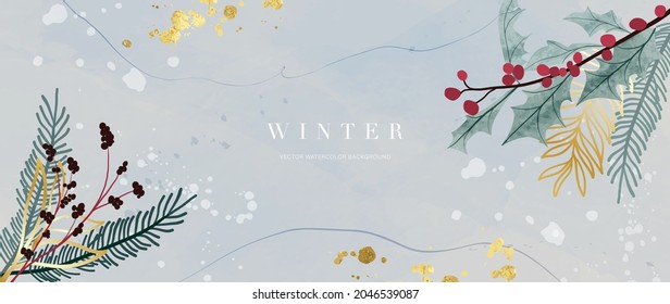 Vector de fondo invernal. Color de agua pintado a mano y textura de brote dorado, Dibujo manual de hojas florales y botánicas. Resumen de diseño artístico para tapicería, artes murales, portada, bodas y tarjetas de invitación. 