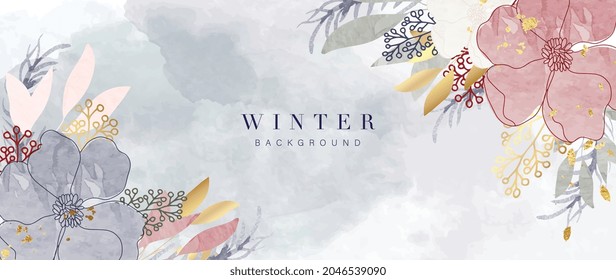 Winter background vector. Hand painted watercolor and gold brush texture, Flower and botanical leaves hand drawing. Abstract art design for wallpaper, wall arts, cover, wedding and  invite card. 