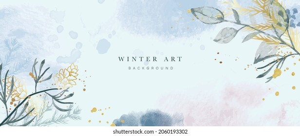 Winter background vector. Hand painted watercolor and gold brush texture, Flower and botanical leaves hand drawing. Abstract art design for wallpaper, wall arts, cover, wedding and  invite card. 