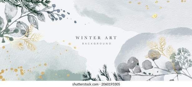 Winter background vector. Hand painted watercolor and gold brush texture, Flower and botanical leaves hand drawing. Abstract art design for wallpaper, wall arts, cover, wedding and  invite card. 