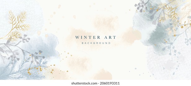 Winter background vector  Hand painted watercolor   gold brush texture  Flower   botanical leaves hand drawing  Abstract art design for wallpaper  wall arts  cover  wedding    invite card  