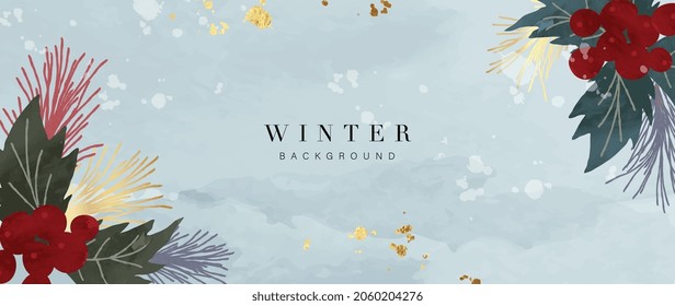 Winter background vector. Hand painted watercolor and gold brush texture, Flower and botanical leaves hand drawing. Abstract art design for wallpaper, wall arts, cover, wedding and  invite card. 