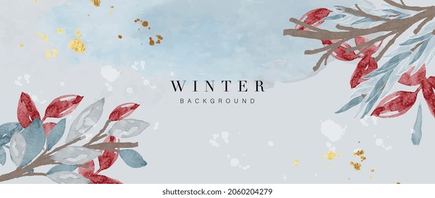 Winter background vector. Hand painted watercolor and gold brush texture, Flower and botanical leaves hand drawing. Abstract art design for wallpaper, wall arts, cover, wedding and  invite card. 