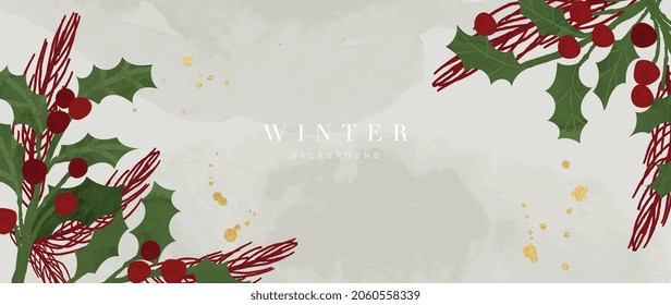 Winter background vector. Hand painted watercolor and gold brush texture, Flower and botanical leaves hand drawing. Abstract art design for wallpaper, wall arts, cover, wedding and  invite card. 