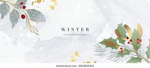 Winter background vector. Hand painted watercolor and gold brush texture, Flower and botanical leaves hand drawing. Abstract art design for wallpaper, wall arts, cover, wedding and invite card.