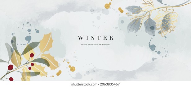 Winter background vector. Hand painted watercolor and gold brush texture, Flower and botanical leaves hand drawing. Abstract art design for wallpaper, wall arts, cover, wedding and invite card.