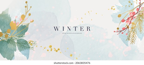 Winter background vector. Hand painted watercolor and gold brush texture, Flower and botanical leaves hand drawing. Abstract art design for wallpaper, wall arts, cover, wedding and invite card.