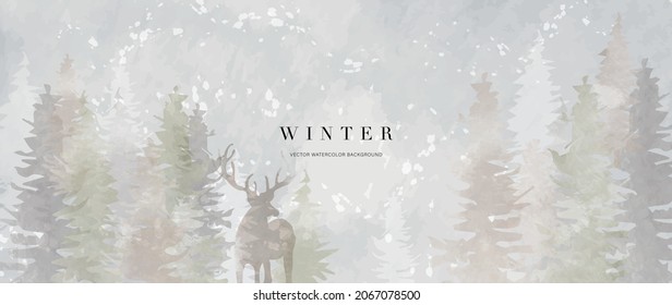 Winter background vector. Hand painted watercolor and gold brush texture, Pine forest and deer. Abstract art design for wallpaper, wall arts, cover, wedding and invite card.