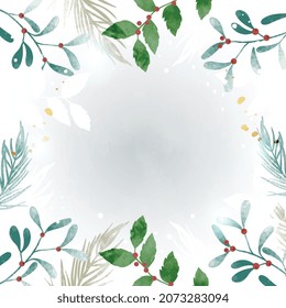 Winter background vector. Hand painted watercolor flower and botanical leaves hand drawing for Christmas season. Square background design for social post, ad, cover, sale banner and invitation.
  