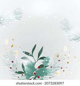 Winter background vector. Hand painted watercolor flower and botanical leaves hand drawing for Christmas season. Square background design for social post, ad, cover, sale banner and invitation.
  