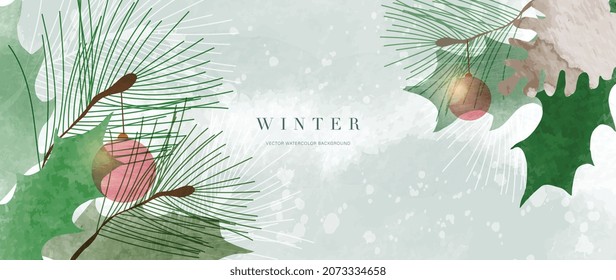 Winter background vector. Hand painted watercolor and gold brush texture, Flower and botanical leaves hand drawing. Abstract art design for wallpaper, wall arts, cover, wedding and  invite card.  