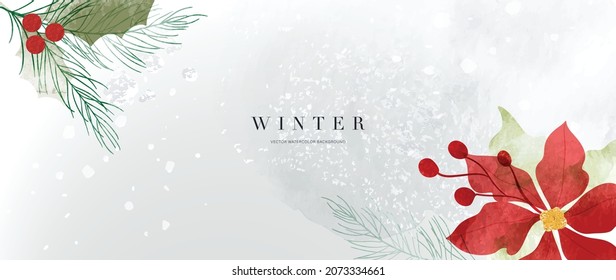 Winter background vector. Hand painted watercolor and gold brush texture, Flower and botanical leaves hand drawing. Abstract art design for wallpaper, wall arts, cover, wedding and  invite card.  